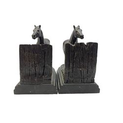After Christophe Fratin (French, 1801-1864): Pair of contemporary bronze bookends in the form of a Horse stood by a fence, inscribed Fratin, each on stepped marble base, L20cm (2)