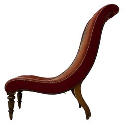 William IV rosewood framed drawing room chair, S-scroll form raised on turned front supports, upholstered in crimson fabric with needlework and beaded panel, castors stamped 'Lewty Patent'