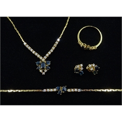 18ct gold round brilliant cut diamond and sapphire pendant necklace, matching screw back stud earrings, bracelet and ring, all stamped or tested