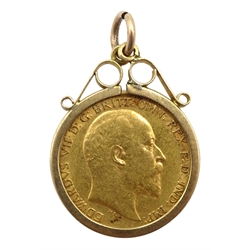 1908 gold half sovereign, loose mounted in 9ct gold pendant hallmarked
