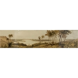 Edwin A Penley (British 1807-1870) lake landscape with figure and cottages, watercolour, signed and dated 1861 10cm x 32cm and another watercolour of a costal landscape
