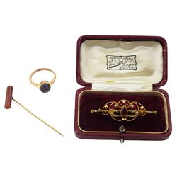 Rose gold single stone oval opal ring and a gold amethyst split pearl brooch, both stamped 9ct and a gilt goldstone stick pin 