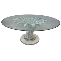 Contemporary Italian designer centre or dining table, circular glazed top over a composite base in the form of bulrushes and reeds, in an ivory and silvered finish