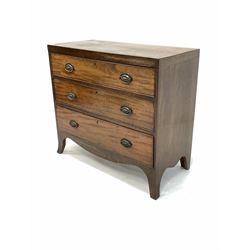 Small George III mahogany chest, fitted with three long graduated drawers with plate brass pull handles, raised on splayed bracket supports  92cm x 44cm, H83