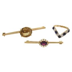 Gold sapphire and diamond wishbone ring, Birmingham 1981, gold citrine bar brooch and a gold garnet brooch, all hallmarked 9ct 
