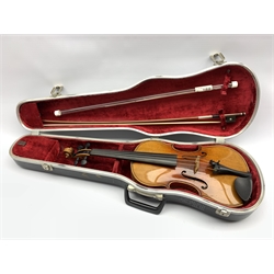 German violin by Albin Ludwig Paulus, labelled A L Paulus, Violin Maker to the Royal Court of Saxony, Dresden with two piece back, length of back 37cm together with a bow stamped Conrad Gotz