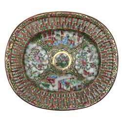 19th century Chinese Canton Famille Rose oval stand with reticulated border and centrally painted with panels of figures divided by panels of flowers and birds, L23cm