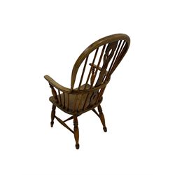 19th century elm Windsor chair, high stick back with pierced beech splat, raised on turned supports united by H-stretcher