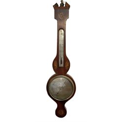 Mercury barometer c1820 - with a mahogany case and broken pediment, silvered register inscribed  Jacob Capella, Coventry, with steel indicating hand and brass recording hand, surface mounted spirit thermometer, syphon tube intact and mercury present.