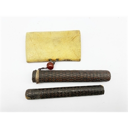 19th century Japanese embroidered tobacco pouch (tabako-ire) with bronze floral moulded mae-kanagu, hardstone ojime bead and woven bamboo pipe case (Kiseruzutsu) L20cm 