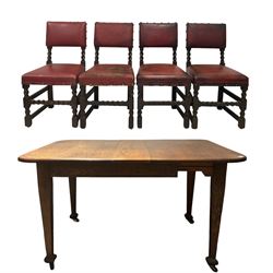  20th century wind-out oak dining table, the rectangular top with rounded corners, raised on square tapering supports, terminating in plastic castors, together with set four oak chairs, upholstered in red leather 