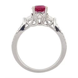 18ct white gold three stone round cut ruby and pear cut diamond ring, with diamond set gallery and two row diamond set shoulders, hallmarked, ruby approx 0.85 carat