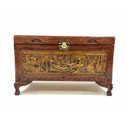  20th Century Chinese Camphor chest, plain interior, carved with seafaring vessels, raised on masked carved supports, W100 cm, H62 cm , D 52cm 