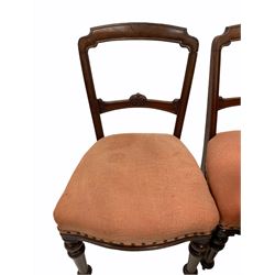 Set six Victorian walnut dining chairs, incised crest rail over floral carved bar back, upholstered seat pads, raised on turned supports W49cm