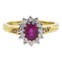 18ct gold oval ruby and diamond ring, hallmarked