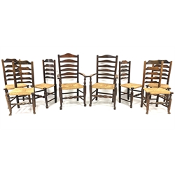  Matched set eight (6+2) 19th century oak and ash ladder back dining chairs, with rush seats and turned supports, W62cm  