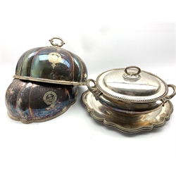  Pair of West Yorkshire Regt Mess plated meat covers engraved with a crest, plated soup tureen and cover and a pair of platters  