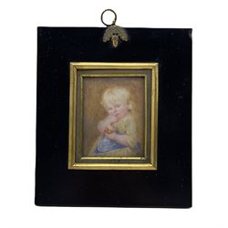 19th century miniature portrait of a child holding a toy and inscribed on the reverse 'For Edith Letitia Park from her Grand Mother' 7.5cm x 6cm
