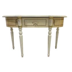 Italian classical style marble effect console table, D-shaped top over single central drawer flanked by two curved cupboards, raised on fluted and turned tapering supports 