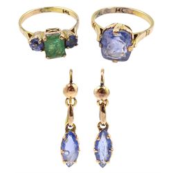 Gold three stone emerald and sapphire ring, gold single stone sapphire ring and a pair of gold marquise shaped sapphire pendant earrings, all 14ct