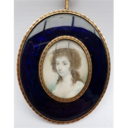 English School (19th century): Portrait of a Young Lady, watercolour and bodycolour miniature on ivory unsigned, within cobalt blue guilloche enamel border (reverse a/f), verso centred with woven hair, in gold mount (tested), 8cm x 7cm overall