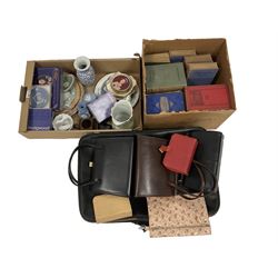 Wedgwood jasperware items, commemorative wares, leather and other bags, Jo’s Boy’s by L.M. Alcott etc, in two boxes and a case