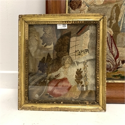 Early 19th century woolwork picture of a young girl playing with a cat and Large 19th century religious tapestry in mahogany frame, 97cm x 83cm (2)