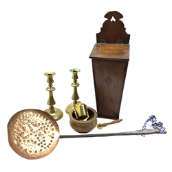 Georgian oak candle box, H48cm, 18th/ 19th century wrought iron and copper skimmer, pair of brass candlesticks, treen pastry wheel, etc 